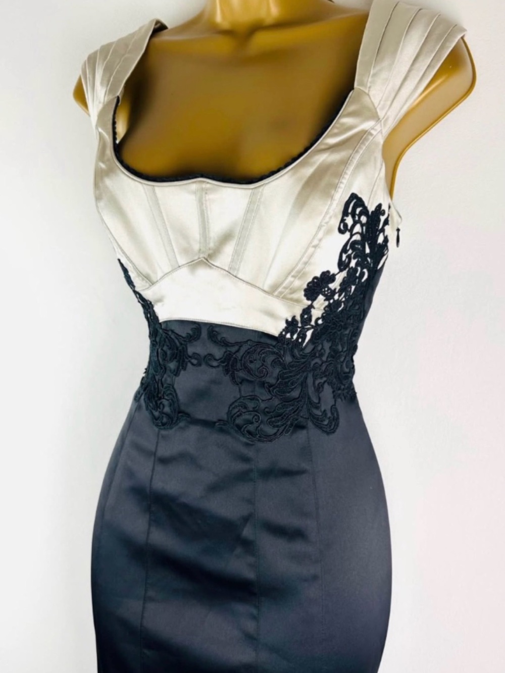 Karen Millen Ivory Bodice with Black Lace-Trim Midi Dress